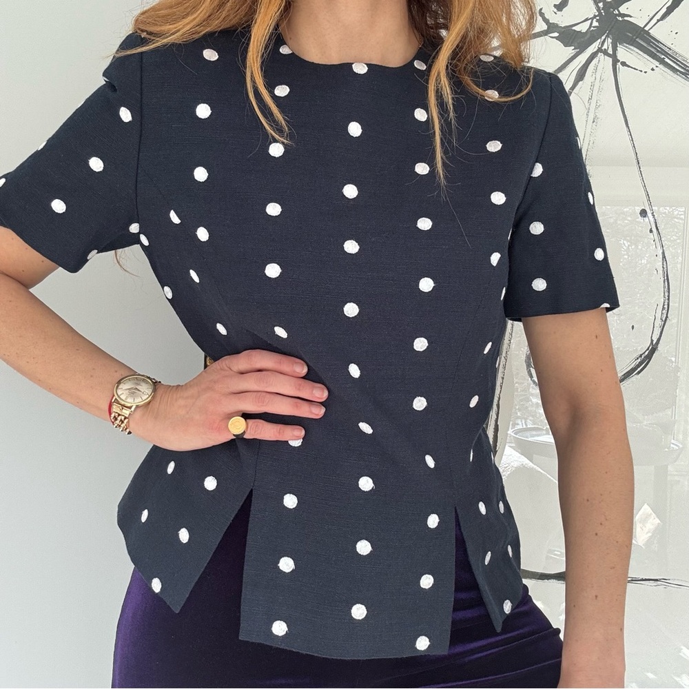 Women’s Vintage Retro Polka Dot Short Sleeve Jacket Navy White Linen Small (4-6)